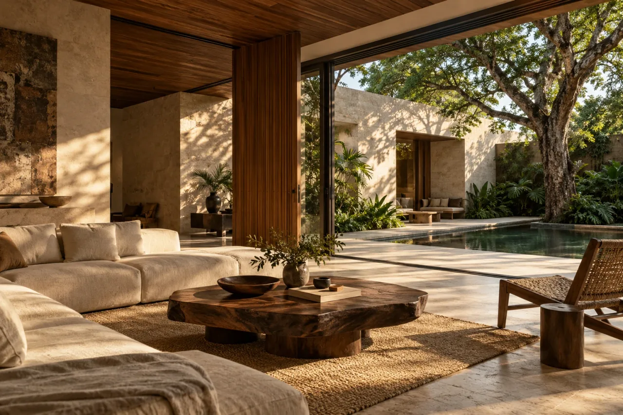 Interior conceptual cálido con materiales naturales y sombras de vegetación