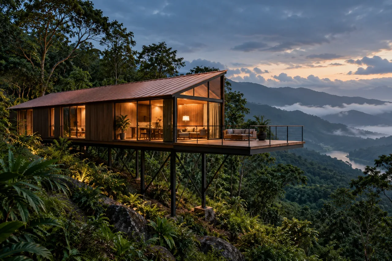 Refugio conceptual de madera oscura y cubierta metálica junto a una terraza, bosque y montañas