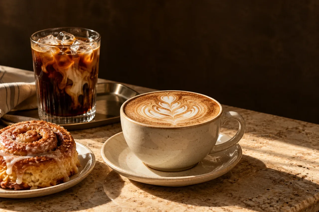 Composición conceptual de café y repostería sobre una mesa cálida