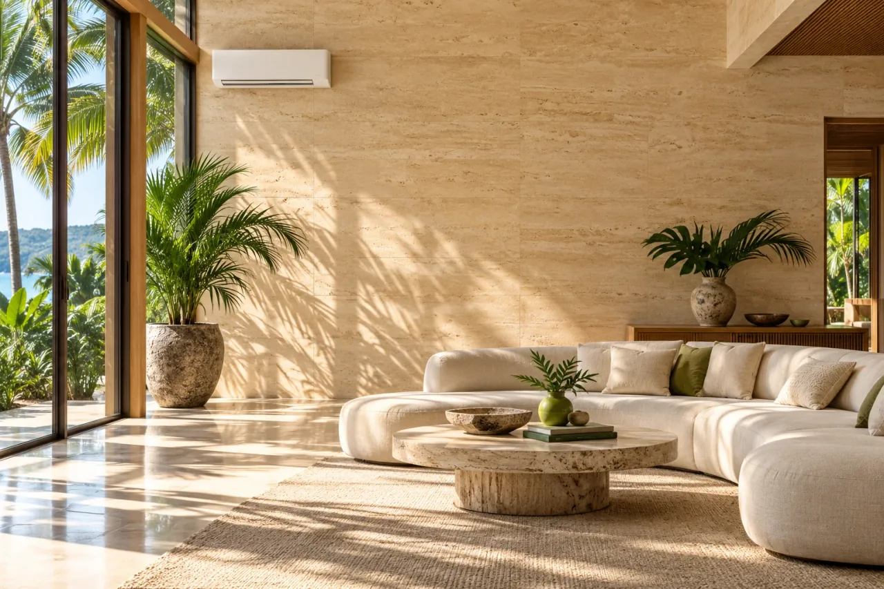 Interior tropical conceptual con un equipo de aire acondicionado