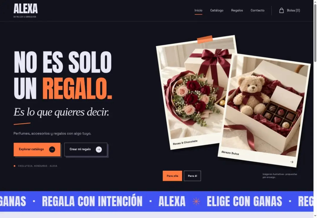 Captura real de Tiendas Alexa publicada en alexashop.cc: regalos, perfumes y personalización