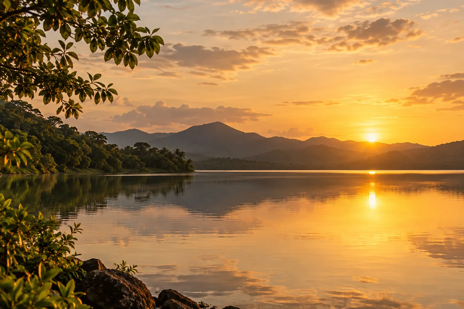 Atardecer sobre un lago tranquilo; imagen generada
