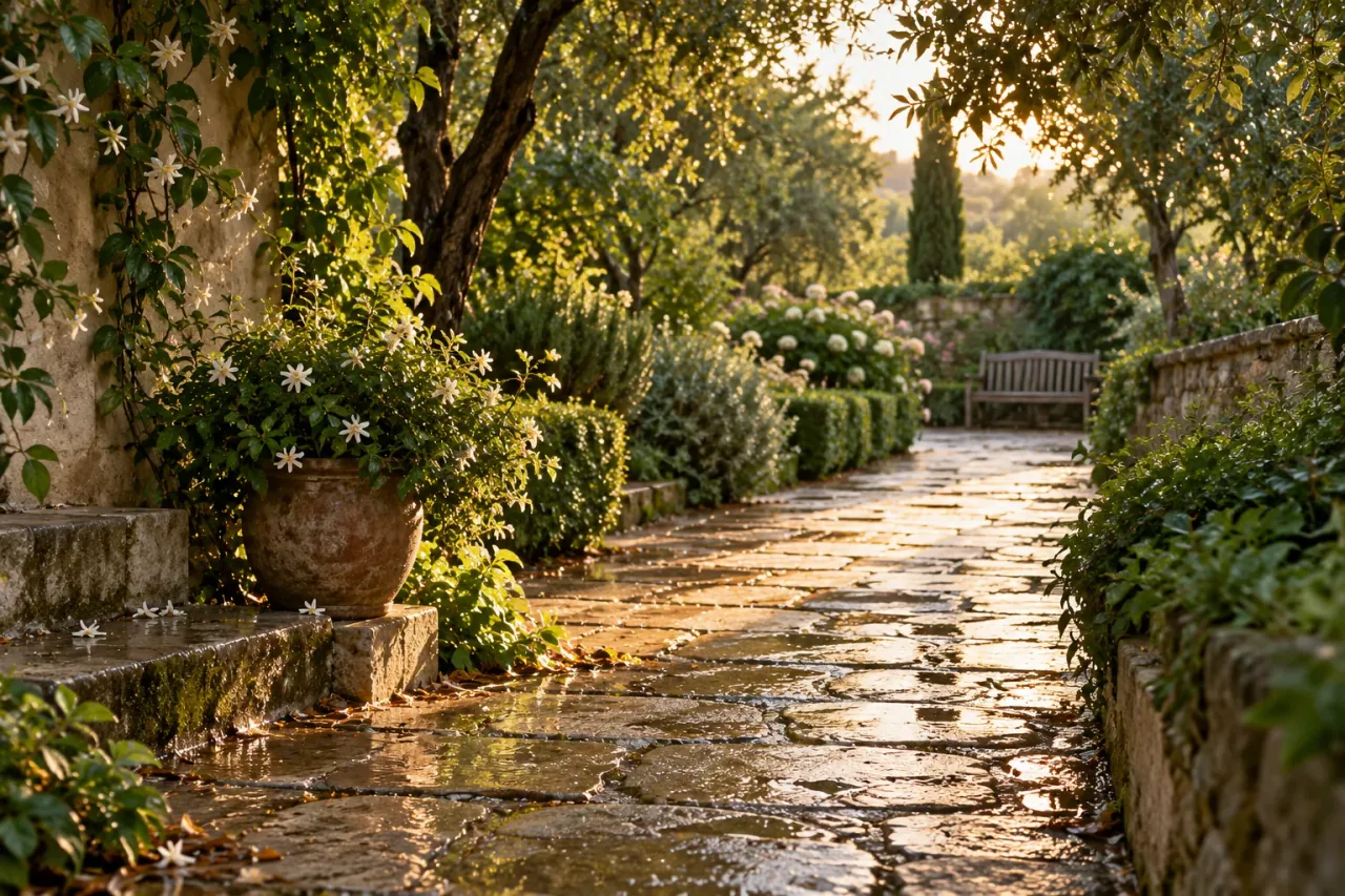 Un camino de jardín iluminado por la tarde; imagen generada