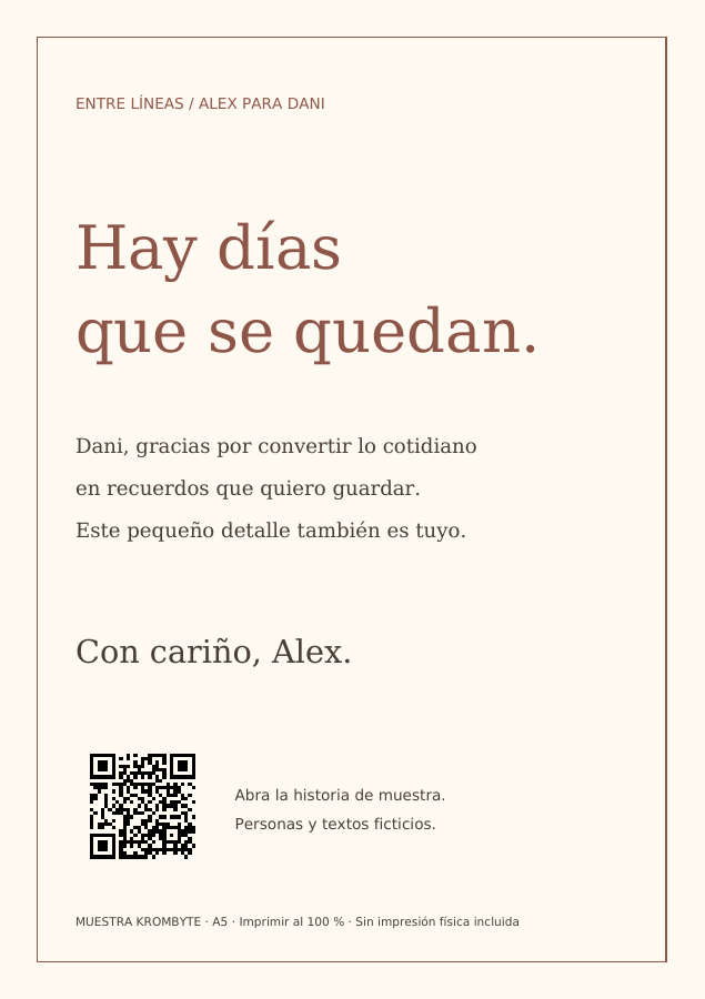 Tarjeta crema: Hay días que se quedan, dedicatoria de Alex para Dani y QR de la historia