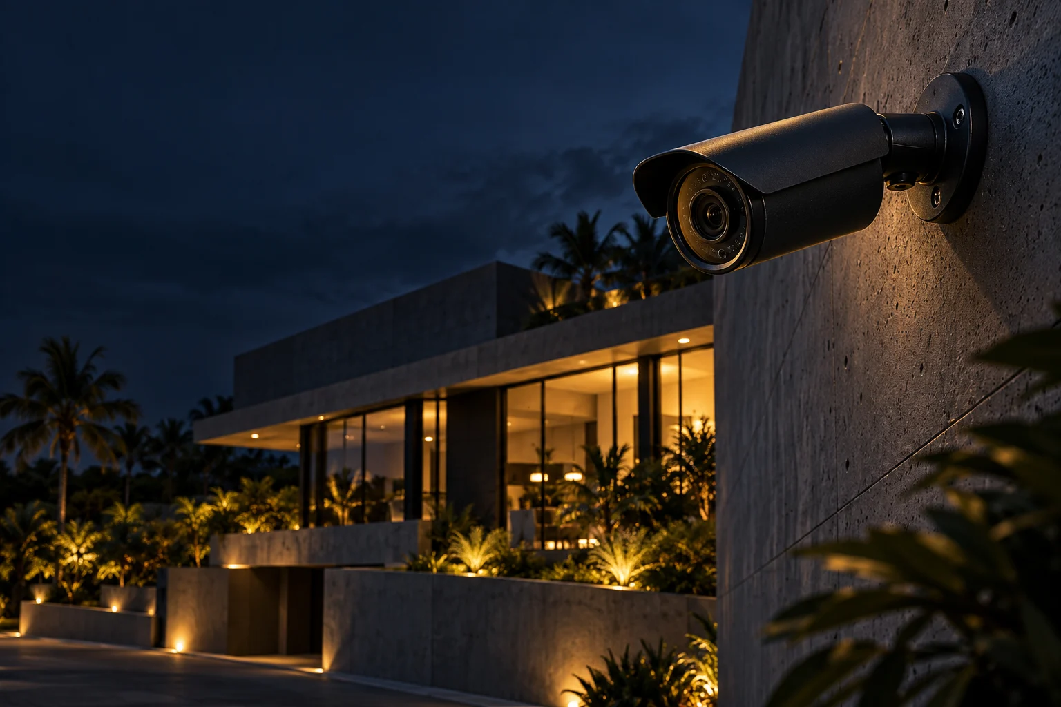 Cámara de seguridad en primer plano y fachada comercial contemporánea al anochecer
